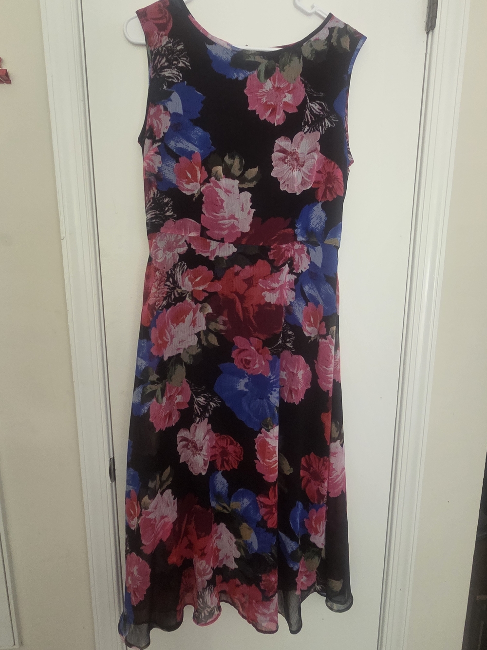 Shelby & Palmer Black Chiffon Midi Dress with Pink & Blue Floral Print